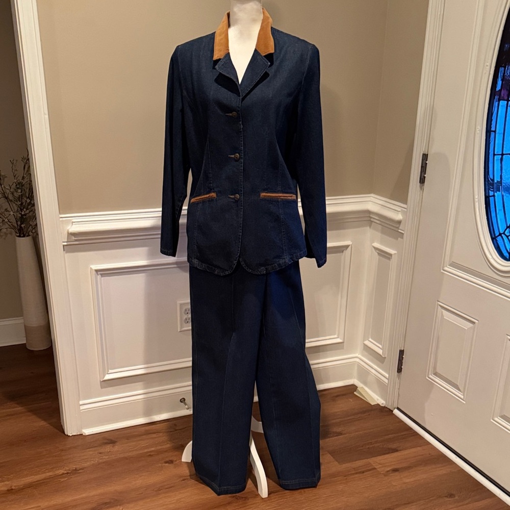 Three Piece Stylish Navy Suit with Brown Accents